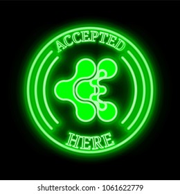 ATMCoin (ATMC) green  neon cryptocurrency symbol in round frame with text "Accepted here". Vector illustration isolated on black background