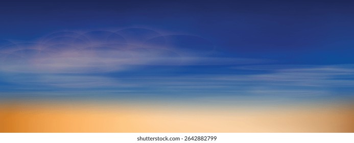 Atmosphere background of sky, morning sky with rising sun, orange horizon, bright blue sky with light clouds coloring. Sky banner.
