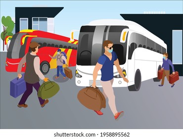 The Atmosphere At The Bus Station During The Holiday Season. Homecoming For Eid. People With Bags For Vacation. Land Transportation And Colorful Bus Lines