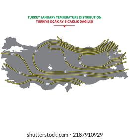 Atmosphäre, Kartographie, Klima, Karte, Zeichnung, Luft, Druck, Temperatur, Vektorgrafik, Puten. 
Türkei Januar-Temperaturplan