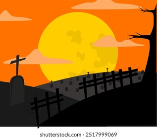 A atmosfera do cemitério na noite de Halloween com ilustração de fundo de lua cheia. 