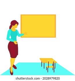 Atmosphere in the classroom There were only young no face female teachers. standing on light blue floor in front of the board and tables and chairs where no students sit.Vector isolate flat design.