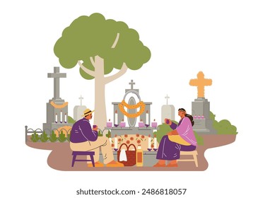 The atmosphere of the Day of the Dead holiday is captured in a vector illustration depicting a woman and a man sitting in a cemetery next to a tombstone