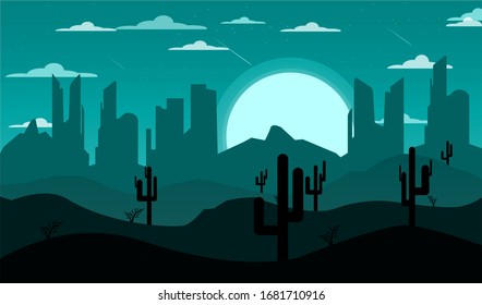 The atmosphere of the desert at night is dark. Flat image. The moon shines brightly in the dark. Some heavy equipment is still left