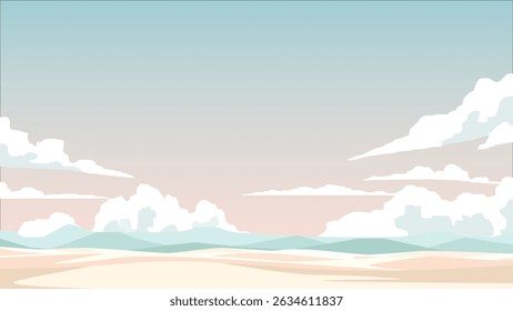Atmosphere of the dry desert landscape with soft soothing colors. Background is a beautiful mountain range under a soft blue sky and beautiful white clouds.