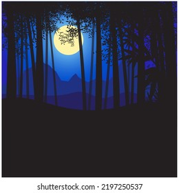 The atmosphere of the forest at night with the full moon.