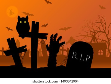 Atmosphere of Halloween scary day with Halloween orange color tone and space for texts. Card and poster of Halloween day in vector design.