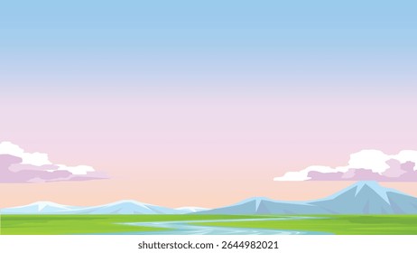 Atmosphere of the meadow with river landscape with soft soothing colors. Background is a beautiful mountain range under a soft blue and pink sky and beautiful clouds. Empty space for background.