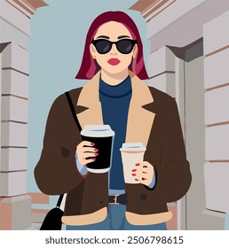 the atmosphere of modern urban style and lightness. the girl holds two cups of coffee in her hands. She is wearing a stylish collared coat. A woman stands against the background of city buildings