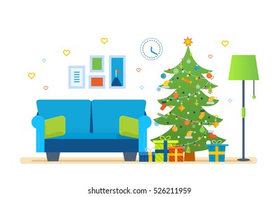 The atmosphere of the new year, festive interior of the room, furniture for relaxing, Christmas room interior. Vector illustration. Can be used as banners