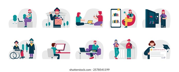 The atmosphere on campus, doing activities and learning with friends. Character design. Vector flat illustration packs