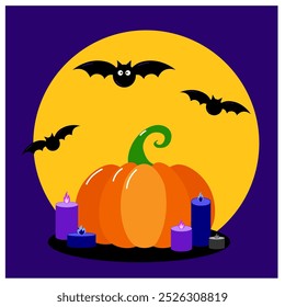 A atmosfera da noite de Halloween é escura, com abóbora, velas, luar de morcegos como fundo. Ilustração vetorial
