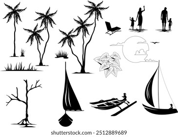 Atmosphere and silhouette objects on the beach in coastal areas in Southeast Asia, there are small boats, coconut trees, mangrove trees, people and others