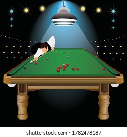 The Atmosphere Of The Snooker Competition And The Different Postures Of Athletes. The Black Background Consists Of Spotlights. Vector Snooker Sport Game