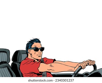 Atmosphere of a successful man. An experienced driver travels by car around the world. A man in sunglasses drives a convertible at full speed. Pop Art Retro Vector Illustration Kitsch Vintage 50s 60s