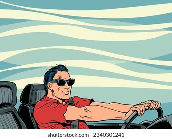 Atmosphäre eines erfolgreichen Mannes. Ein erfahrener Fahrer fährt mit dem Auto um die Welt. Ein Mann in einer Sonnenbrille fährt ein Cabrio bei voller Geschwindigkeit. Pop Art Retro Vektorgrafik Kitsch Vintage 50s 60s