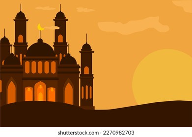 The atmosphere of the trun of the night in the mosque glows orange