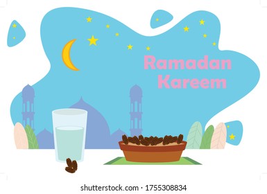 The atmosphere when breaking the fast in Ramadan, with dates and water.