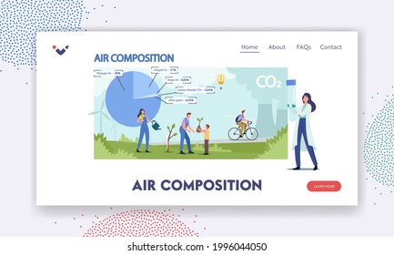 Atmospheric Air Composition Landing Page Template. Tiny Male and Female Characters at Huge Pie Chart with Gases and Elements Percentage Infographics, Air Structure. Cartoon People Vector Illustration