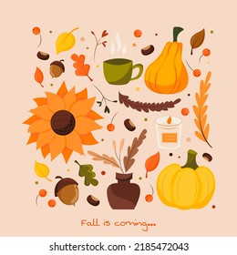 Atmospheric autumn illustration with the caption Fall is coming. Vector template for postcard, poster, flyer, cover and social media. Trendy retro style.