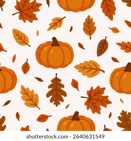 Atmospheric autumn pattern with leaves and pumpkins. Bright colors of autumn elements. Print for decoration, design decoration, textile, paper packaging, wallpaper