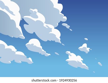 Atmospheric blue sky, white cumulus clouds. Cartoon style.