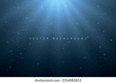 Atmospheric dark blue background with glowing particles and soft light beams for a modern design