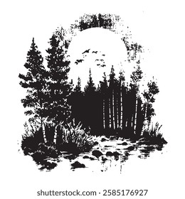 atmospheric forest vector sketch capturing the beauty of the wild with a dramatic moonlit setting, suitable for posters and outdoor-inspired projects