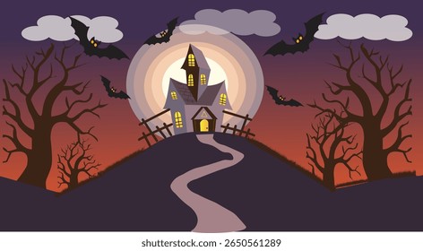  An atmospheric Halloween illustration featuring a haunted house, flying bats, and glowing jack-o'-lanterns under a full moon, perfect for holiday designs and spooky-themed projects.