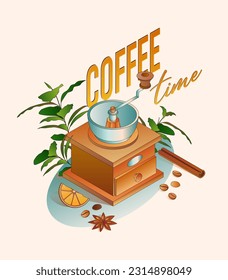 Ilustración atmosférica de la Grinder de café manual. Representación isométrica de la producción de café con una frase corta. Listo para imprimir afiche.