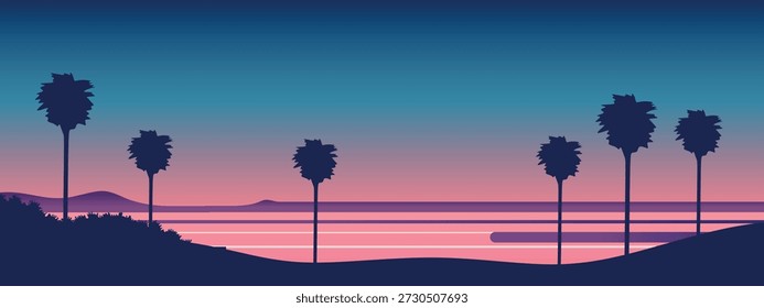 Paisaje de Vector minimalista atmosférico en el estilo de una puesta de sol tropical. Siluetas de palmeras altas, cielo degradado, océano tranquilo o laguna con rayas Horizontales.
