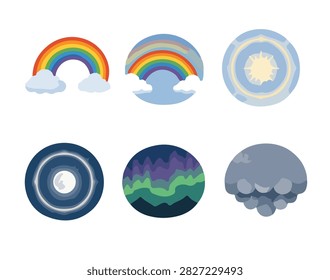 Atmospheric optical phenomena and sky weather vector illustration icon set isolated on white background. Minimalist collection depicting colorful rainbow arc with clouds, sky rainbow badge, sun halo ring, moon halo ring, northern lights polar aurora borealis, and mammatus cloud formation.