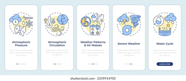 Atmospheric phenomena onboarding mobile app screen. Research walkthrough 5 steps editable graphic instructions with linear concepts. UI, UX, GUI template