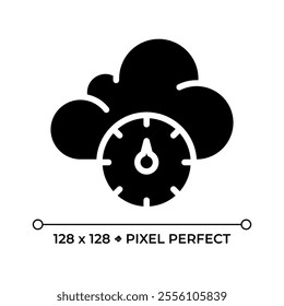 Atmospheric pressure black glyph icon. Cloud with barometer gauge. Weather forecast. Changes in air pressure. Silhouette symbol on white space. Solid pictogram. Vector isolated illustration