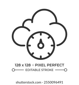 Icono lineal de presión atmosférica. Nube con medidor de barómetro. Predicción de Clima. Cambios en la presión del aire. Meteorología. Ilustración de línea delgada. Símbolo de contorno. Dibujo de contorno de Vector. Trazo editable