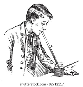 Atmospheric pressure on a liquid, vintage engraving. Old engraved illustration of Atmospheric pressure on a liquid by man. Trousset encyclopedia (1886 - 1891).
