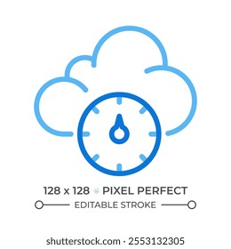Presión atmosférica icono de línea de dos colores. Nube con medidor de barómetro. Predicción de Clima. Cambios en el símbolo de contorno bicolor de la presión de aire. Pictograma lineal duotono. Ilustración aislada. Trazo editable