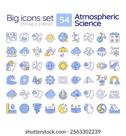 Atmospheric science RGB color icons set. Weather and climate studying. Natural phenomena observation. Isolated vector illustrations. Simple filled line drawings collection. Editable stroke