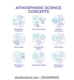 Atmospheric sciences blue gradient concept icons. Studying patterns of weather phenomena. Meteorology forecasting. Icon pack. Vector images. Round shape illustrations for article. Abstract idea