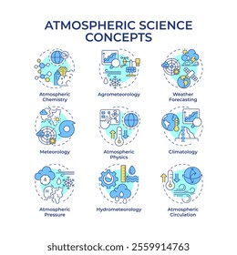 Atmospheric sciences multi color concept icons. Studying patterns of weather phenomena. Meteorology forecasting. Icon pack. Vector images. Round shape illustrations for article. Abstract idea