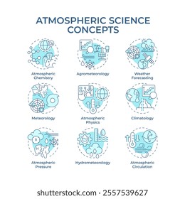 Atmospheric sciences soft blue concept icons. Studying patterns of weather phenomena. Meteorology forecasting. Icon pack. Vector images. Round shape illustrations for article. Abstract idea