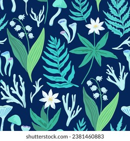 Atmospheric seamless pattern with plant forest elements, spring flowers, ferns and mushrooms. Vector illustration.