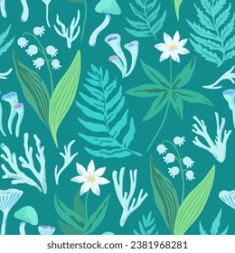 Atmospheric seamless pattern with plant forest elements, spring flowers, ferns and mushrooms. Vector illustration.