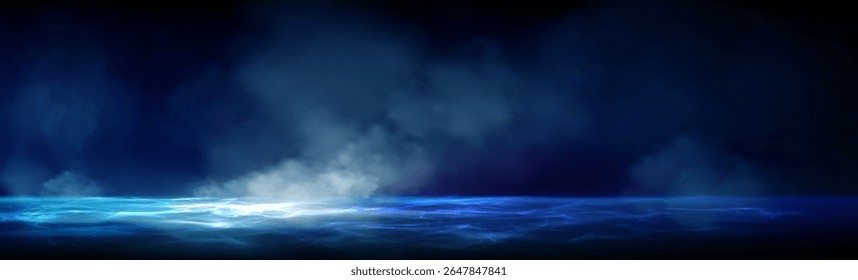Atmospheric smoke fog over water scene. Realistic mystical mist rising from dark ocean surface with dramatic lighting effects for fantasy landscapes, mysterious ambiance background or stage design.