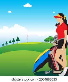 Atmospheric vector illustration of a golf course with a female golfer.