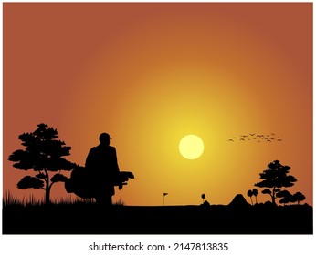Campo de golf de ilustraciones vectoriales atmosféricas al atardecer