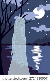 Atmospheric vector illustration inspired by the legend of La Llorona, depicting a ghostly female figure near a river at night. A poetic and mystical interpretation of Mexican folklore, avoiding horror clichés and focusing on mood and storytelling.