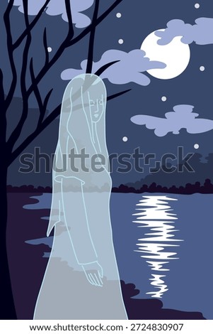 Atmospheric vector illustration inspired by the legend of La Llorona, depicting a ghostly female figure near a river at night. A poetic and mystical interpretation of Mexican folklore, avoiding horror clichés and focusing on mood and storytelling.