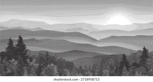 Ilustração de vetor atmosférico de cadeias de montanhas rolantes desaparecendo em névoa à medida que o sol sobe ao longo do horizonte. Evoca tranquilidade e beleza natural para viagens ou temas ambientais.