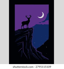 Atmospheric vector illustration showing a stag standing on a rocky precipice under a crescent moon. Perfect for outdoor adventure, wilderness, and nature-themed designs.